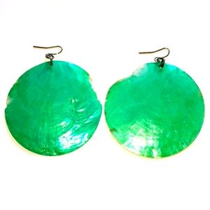 Irregular Round Green Mother of Pearl Earrings